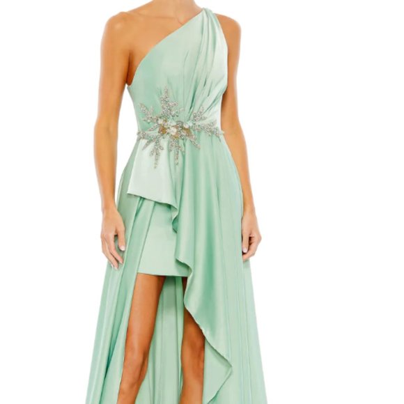 MAC DUGGAL 11262 EMBELLISHED ONE SHOULDER ASYMMETRICAL SAGE GOWN sz 8 - Picture 1 of 5